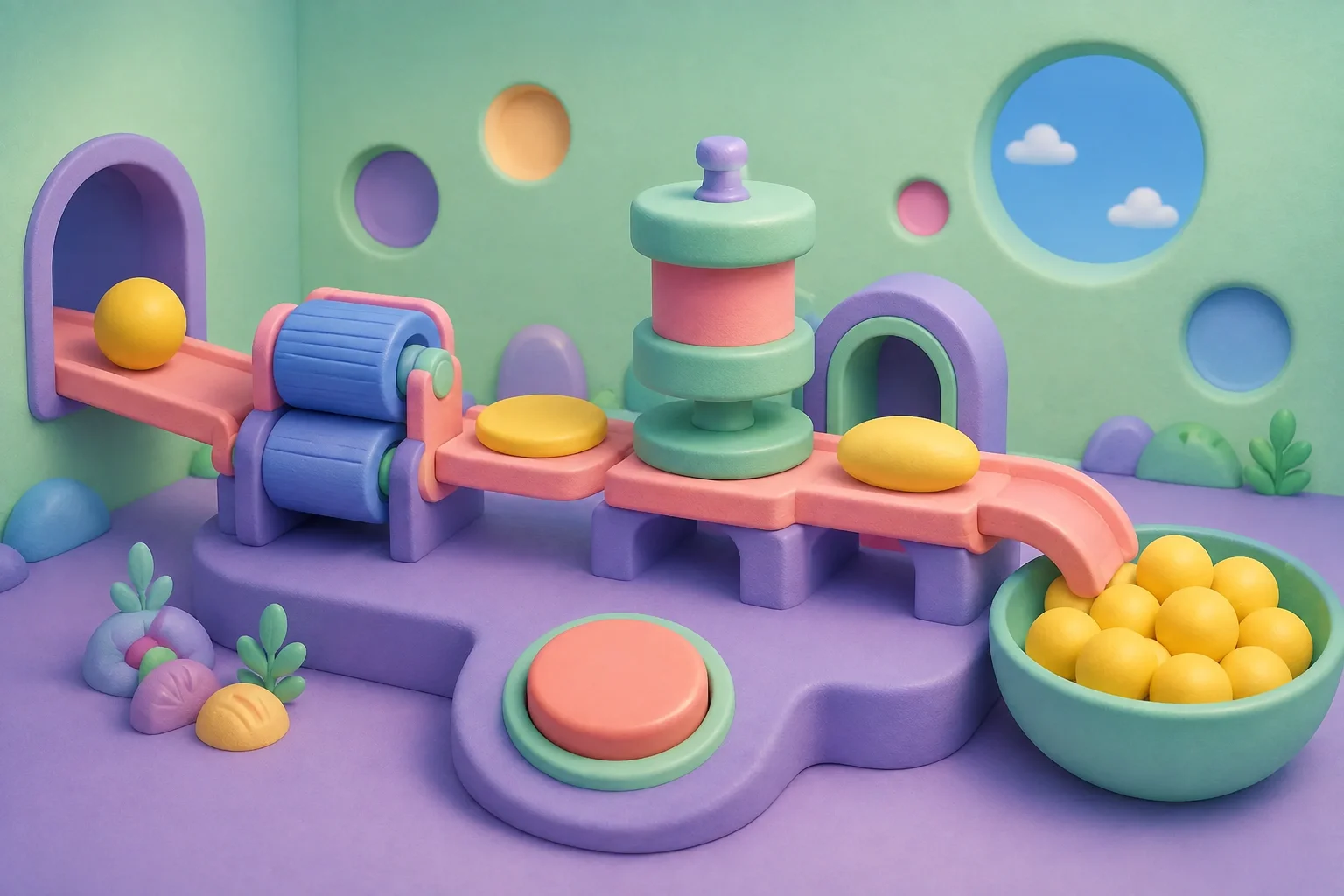 Concept art of a colorful toy ball factory with chunky rollers, a gentle press, a large start button, and a collection bowl