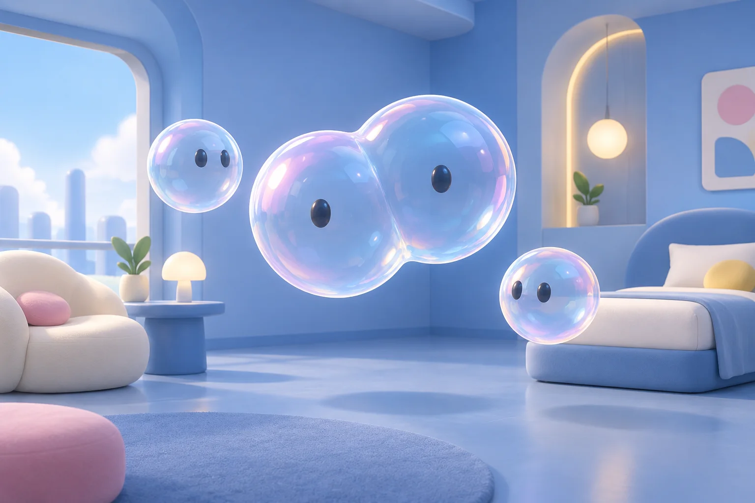 Concept art of translucent bubble creatures with little eyes merging and floating in a quiet blue room