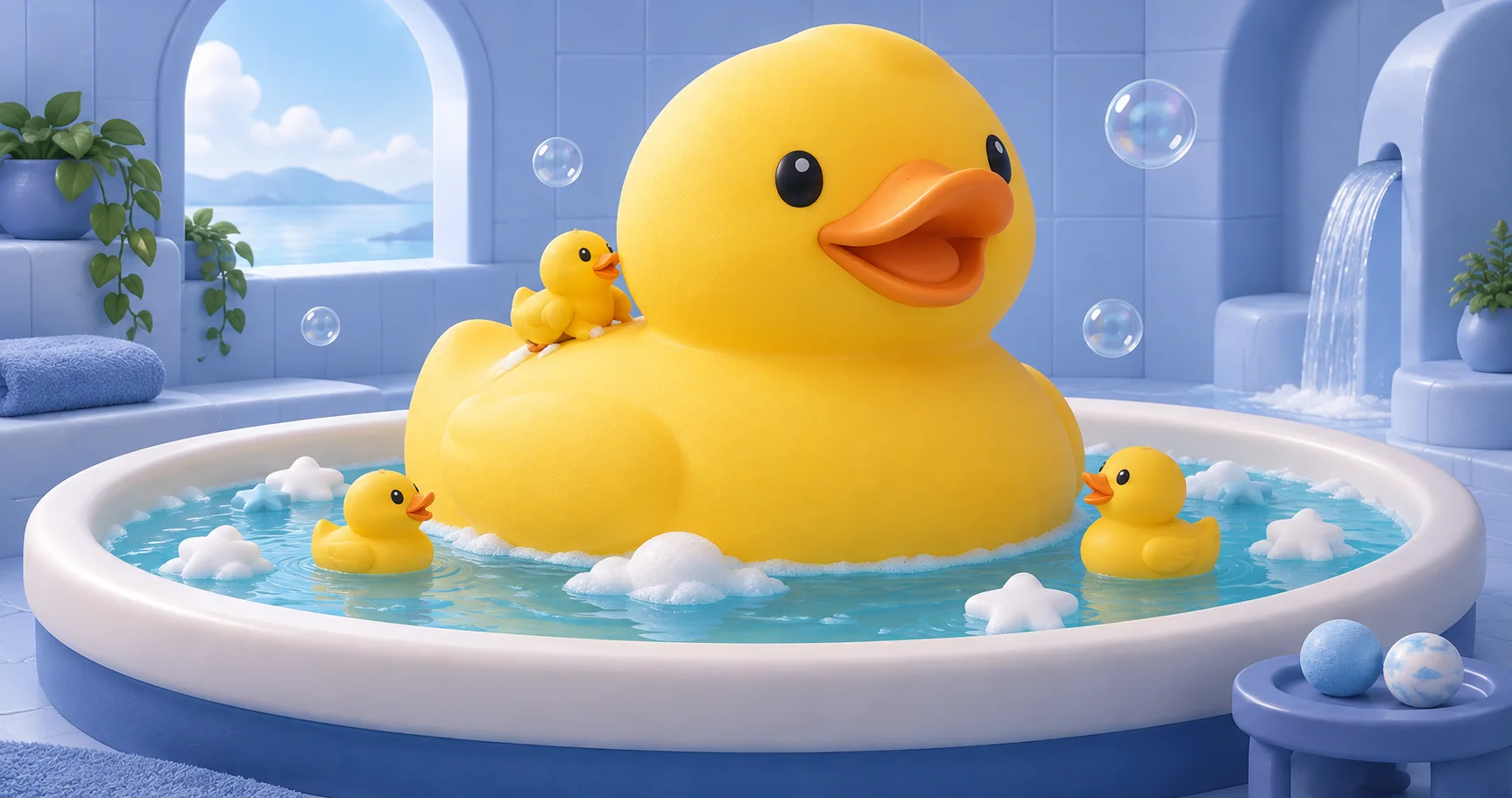 Concept art of an enormous yellow rubber duck in a blue spa tub, with tiny ducks, one climbing its back, and star-shaped foam