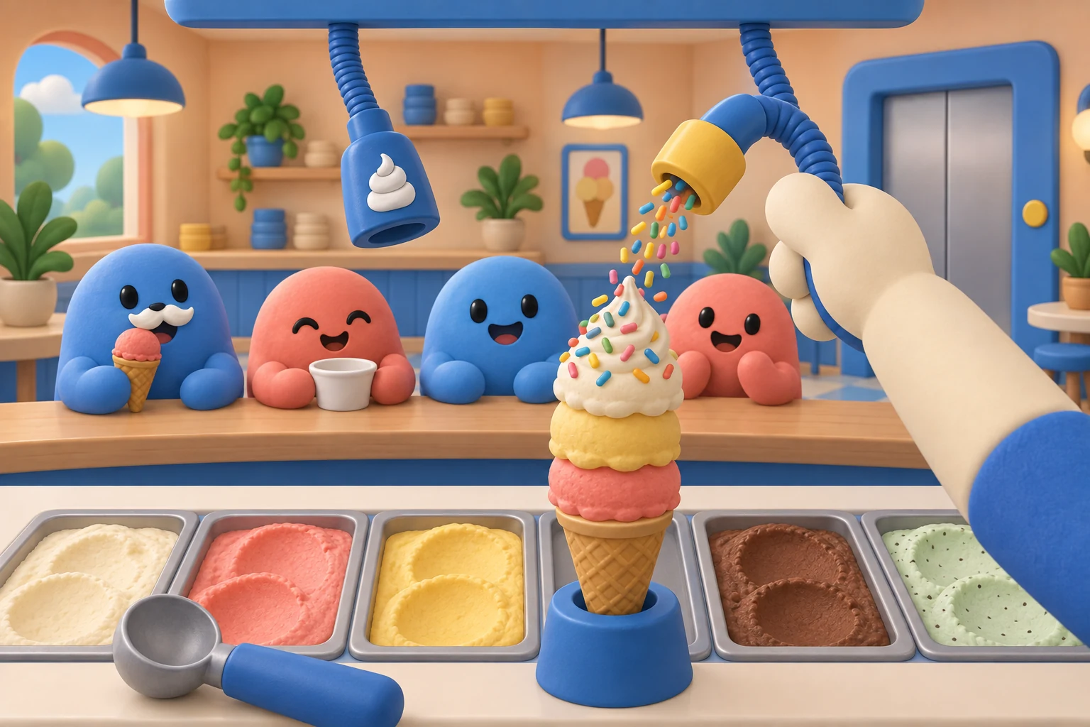 Concept art of a tall ice-cream cone being decorated with rainbow sprinkles, with flavor tubs, two topping nozzles and four smiling guests across a blue counter