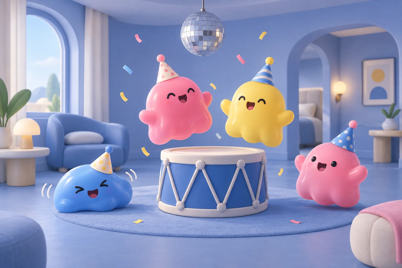 Concept art of colorful jelly creatures in party hats wobbling and hopping beside a big toy drum with a few pieces of confetti