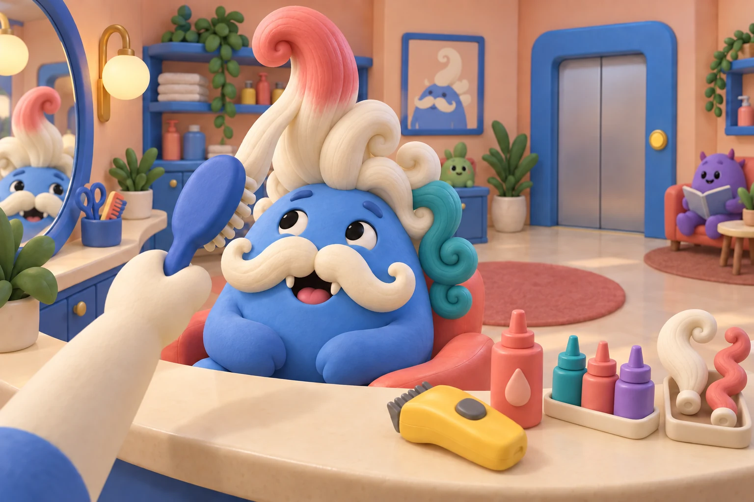 Concept art of a smiling blue monster with enormous cream hair, a pink curl and teal extension, beside a brush, clippers, colorful dye bottles and spare hair extensions