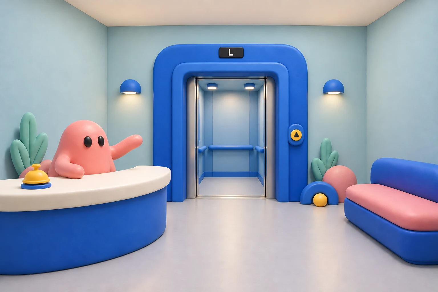 Clay-style lobby concept with a pink jelly receptionist, a chunky blue elevator, an L floor display, and one yellow call button