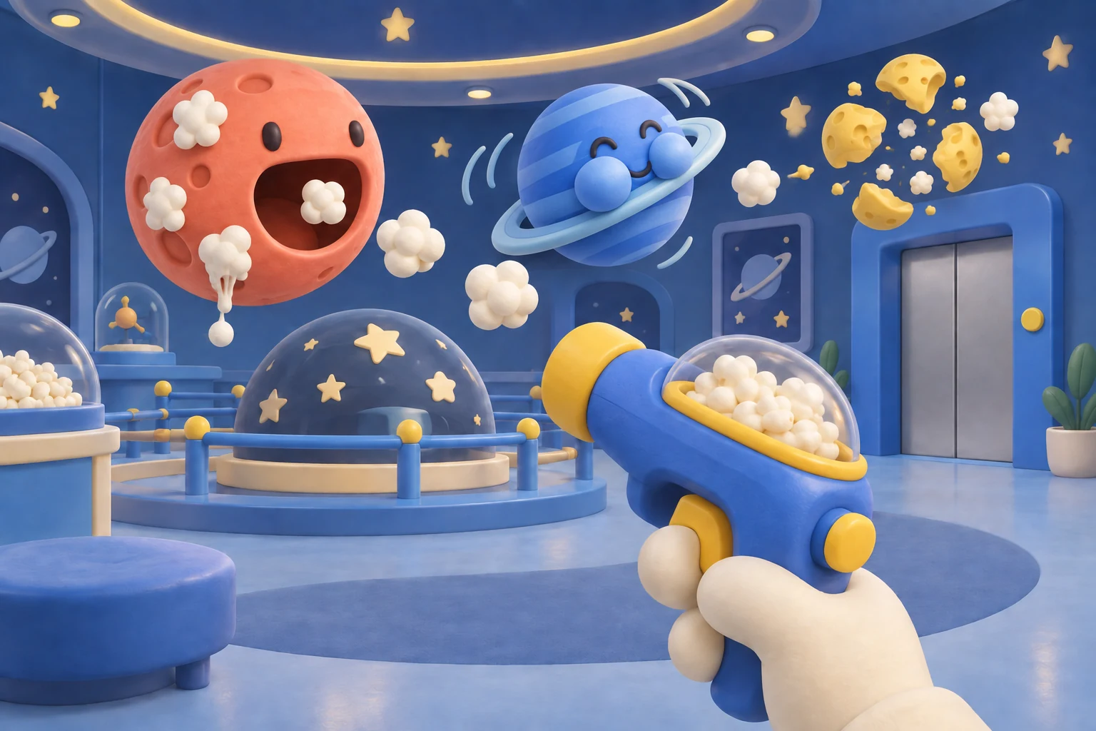 Concept art of a blue and yellow popcorn gun firing at a hungry coral planet with sticky puffs, a spinning blue ringed planet, and a yellow moon bursting into soft pieces