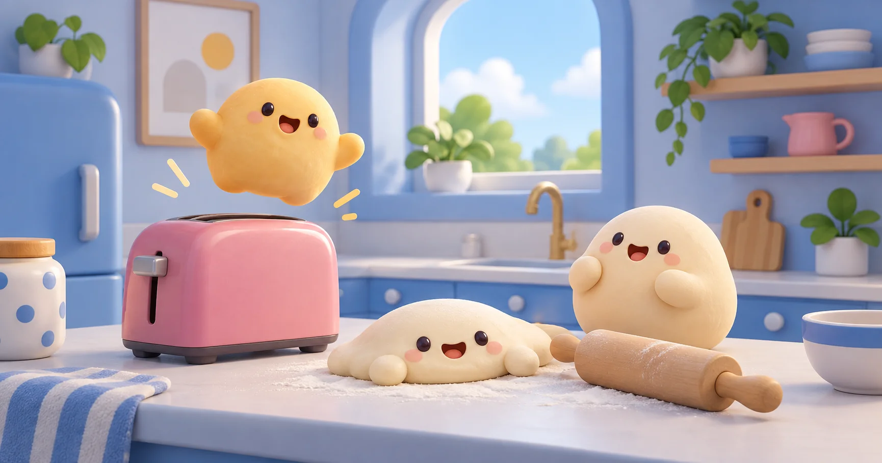 Concept art of happy dough creatures on a kitchen counter, with one popping above a pink toaster and another flattened beside a rolling pin