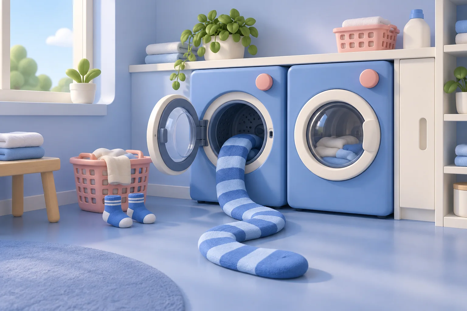 Concept art of blue washing machines with an absurdly long striped sock spilling out and tiny socks beside a laundry basket